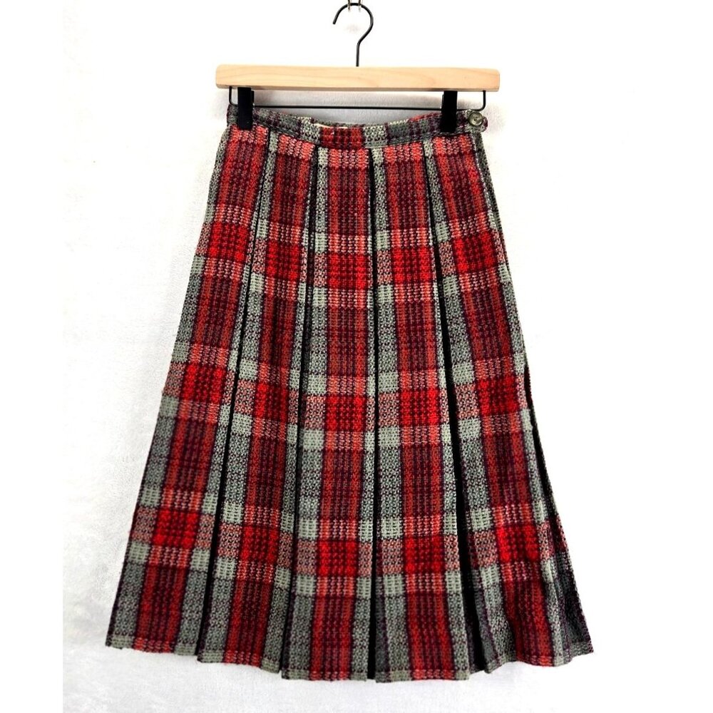 Vtg 50's 60s Plaid Pleated Skirt sz10 25" Lgth Jantzen USA Red Gray Academic